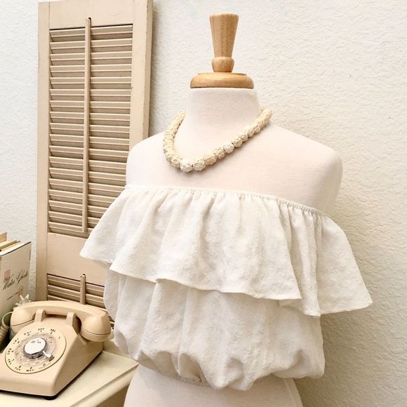 KIMCHI BLUE Cream Crêpe Off the Shoulder Boho Peasant Top XS - Picture 4 of 8